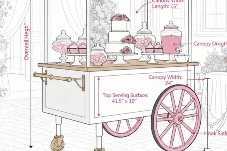 Ein süßer Verkaufswagen mit Kuchen und Desserts, rosa und weiß gestaltet.