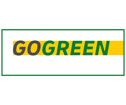 Text "GO GREEN" in green and yellow on a white background, framed by a green border.
